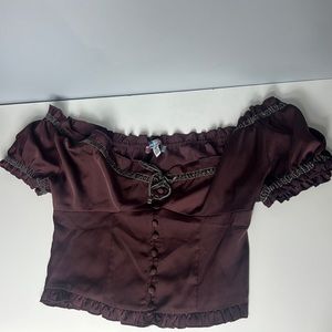Urban Outfitters Dark Cherry/Magenta Tie Front Crop Button Corset Ruffle Top M